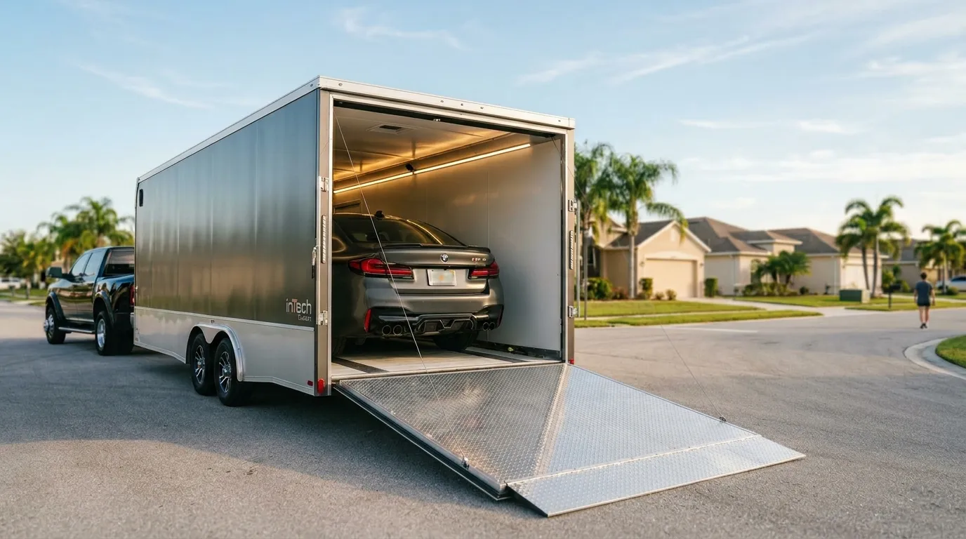Enclosed box trailer, covered, no cars visible